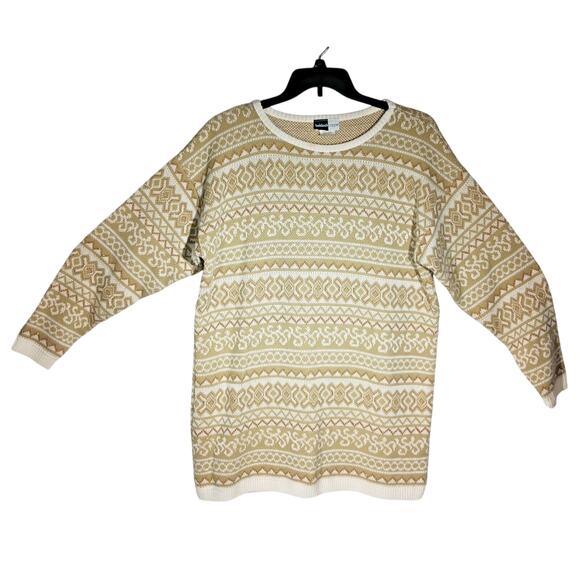 Vintage Beldoch Popper Womens Large Tall Tan and Ivory Fair Isle Knit Sweater - Picture 1 of 7
